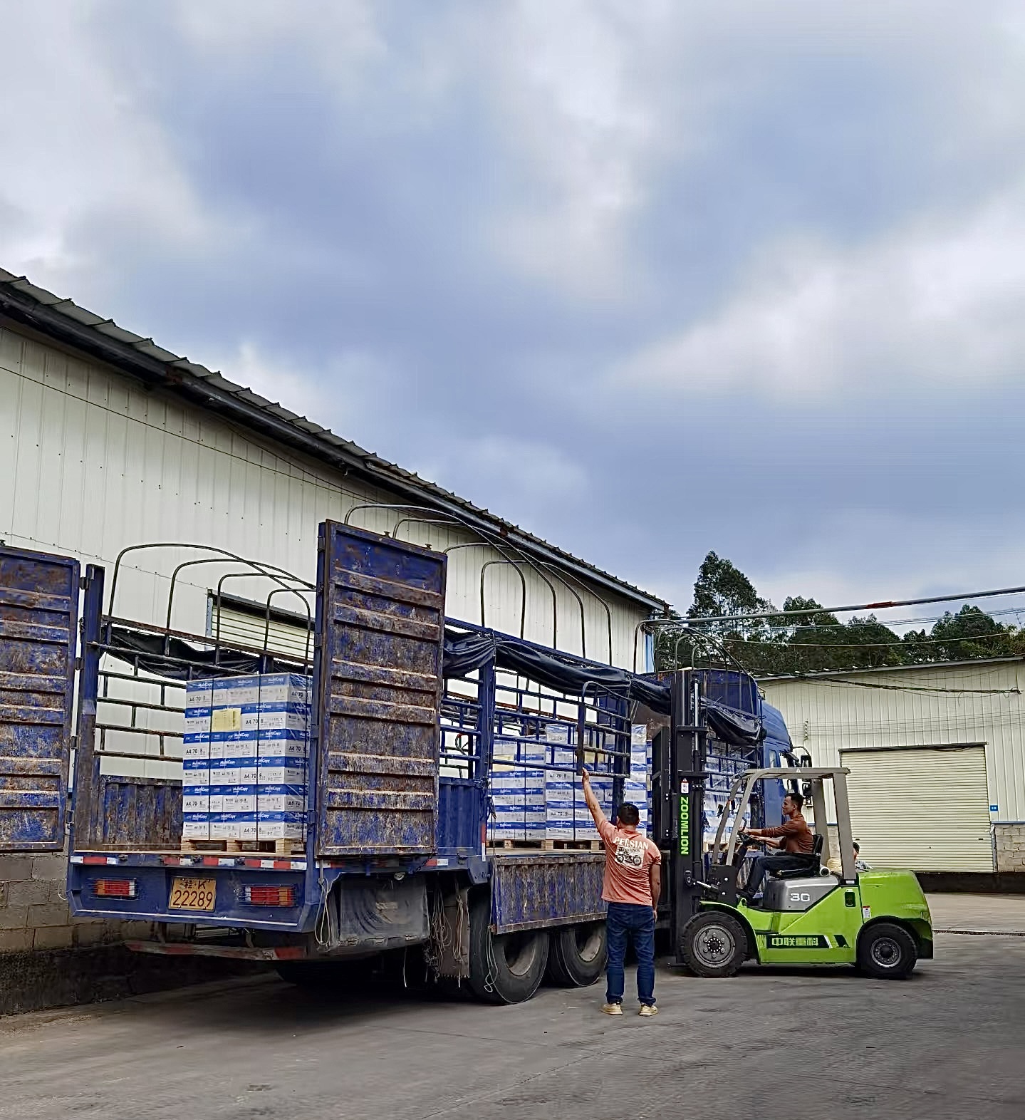 Truck and forklift loading cartons at the factory